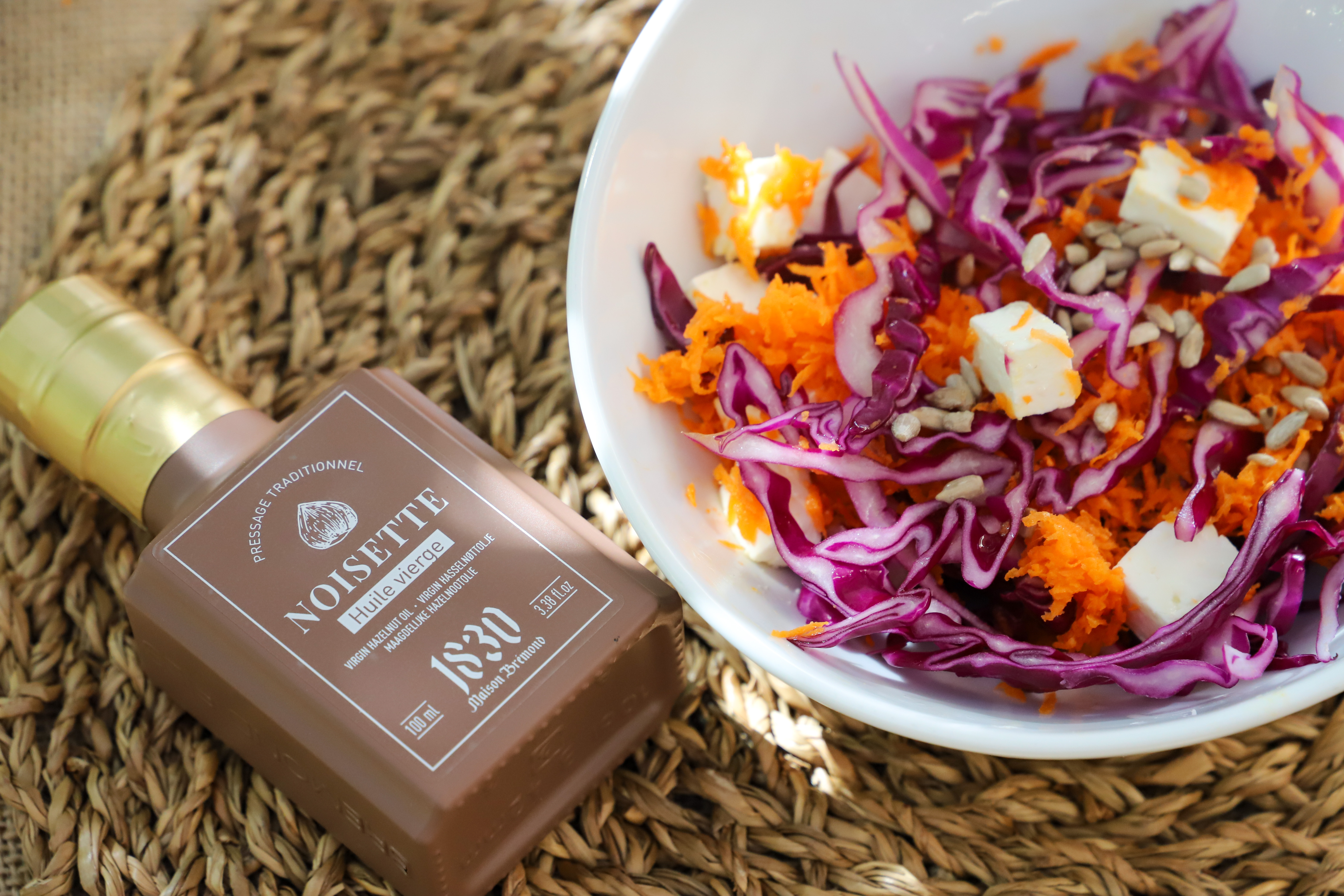 Recipe Red cabbage salad, carrots, feta and hazelnut oil